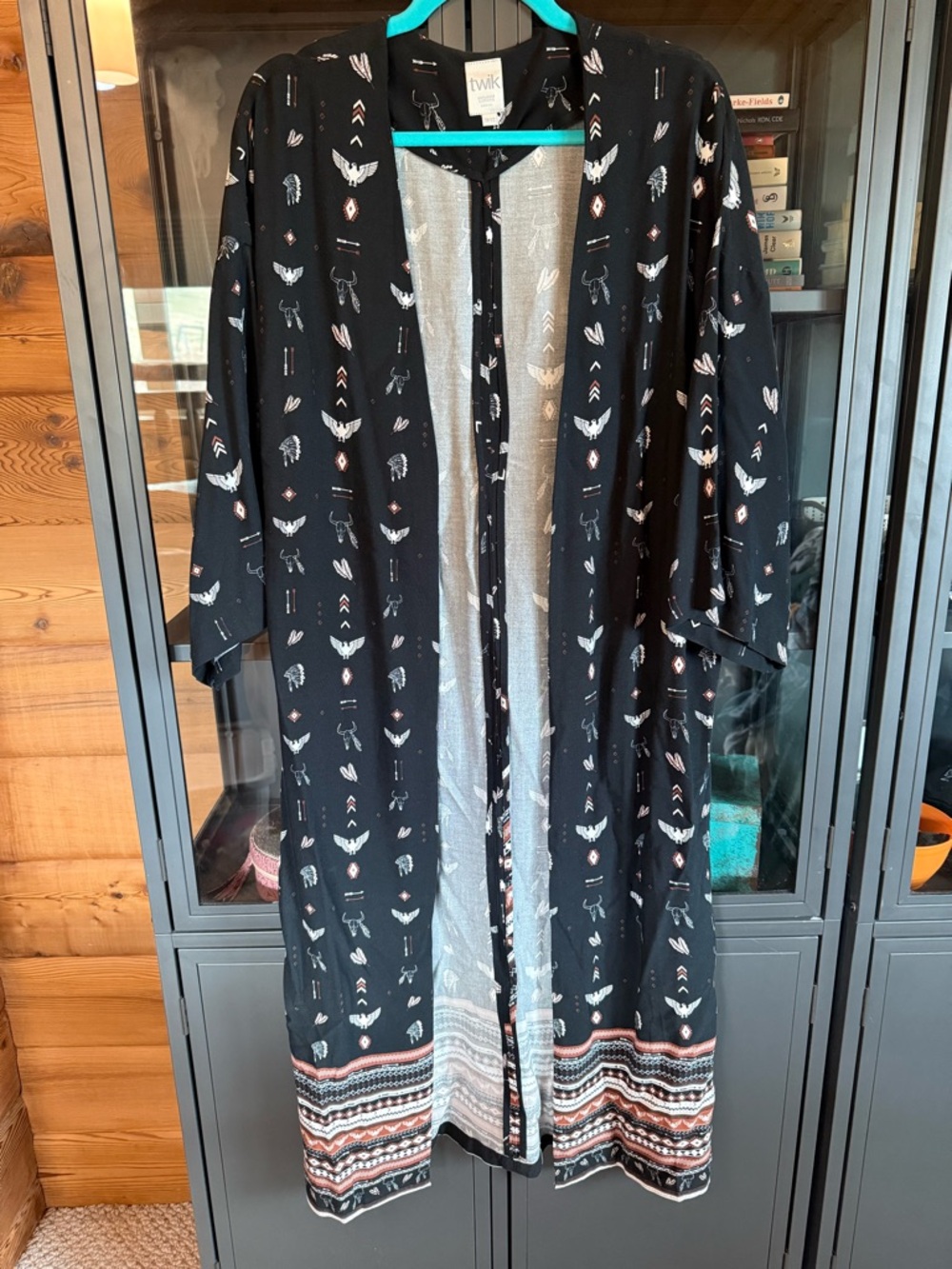 twik Black Kimono with Western Print